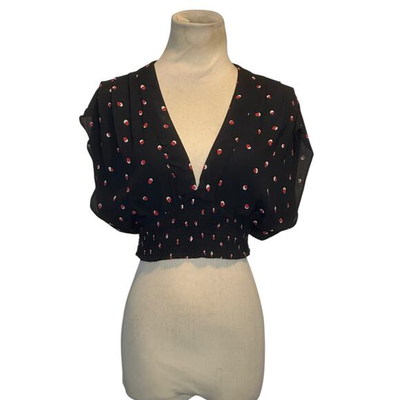 Free People black red polka dot pleated V neck crop top blouse size XS - Picture 1 of 13